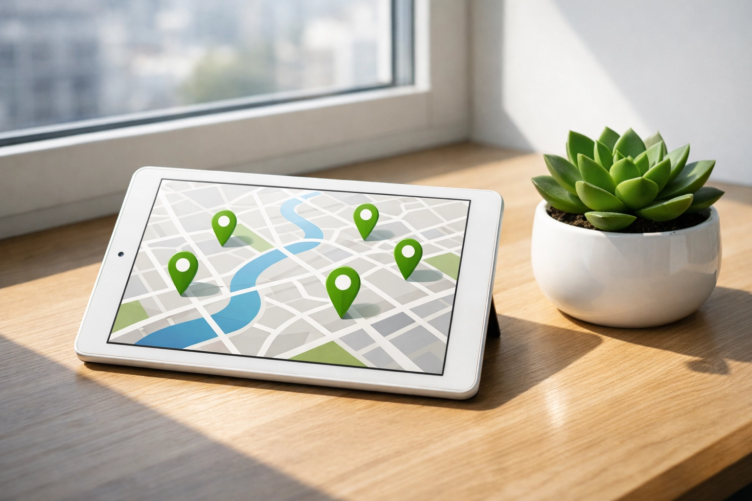 Digital map with location pins on a tablet showing how small business website design impacts local search rankings.