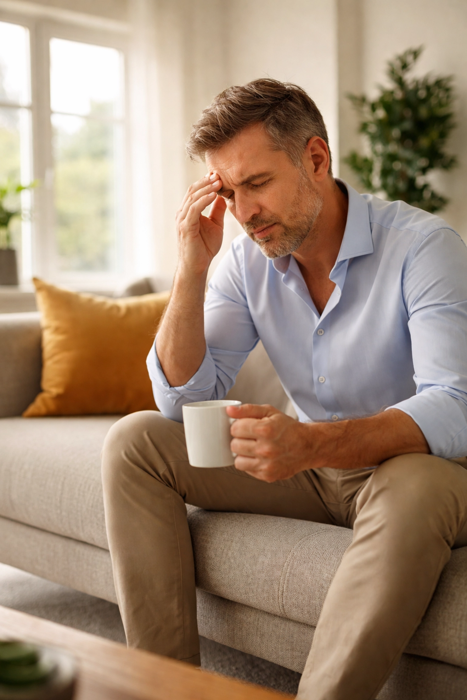 Middle-aged man in a bright living room showing fatigue and hope, relating to testosterone optimization in Las Vegas