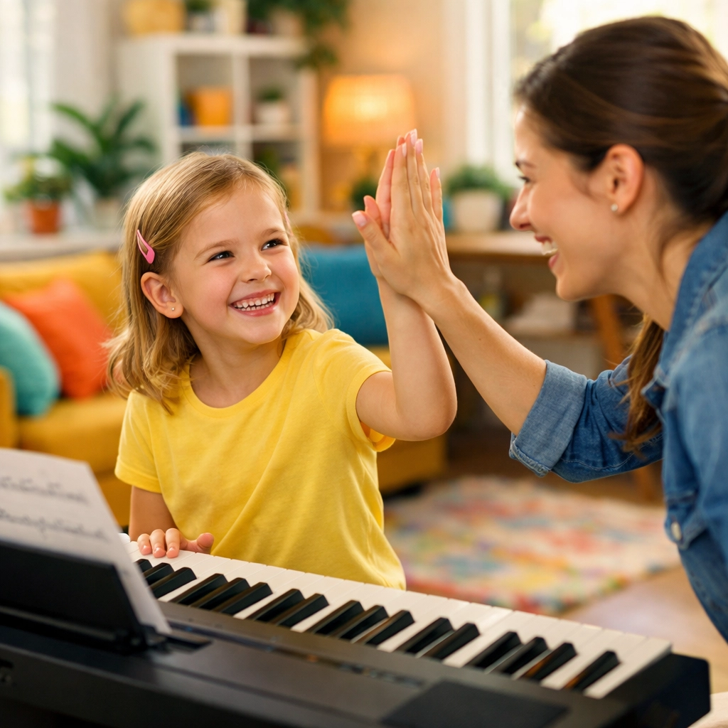 A young girl enjoys a fun in-home piano lesson with an encouraging teacher in a bright living room.