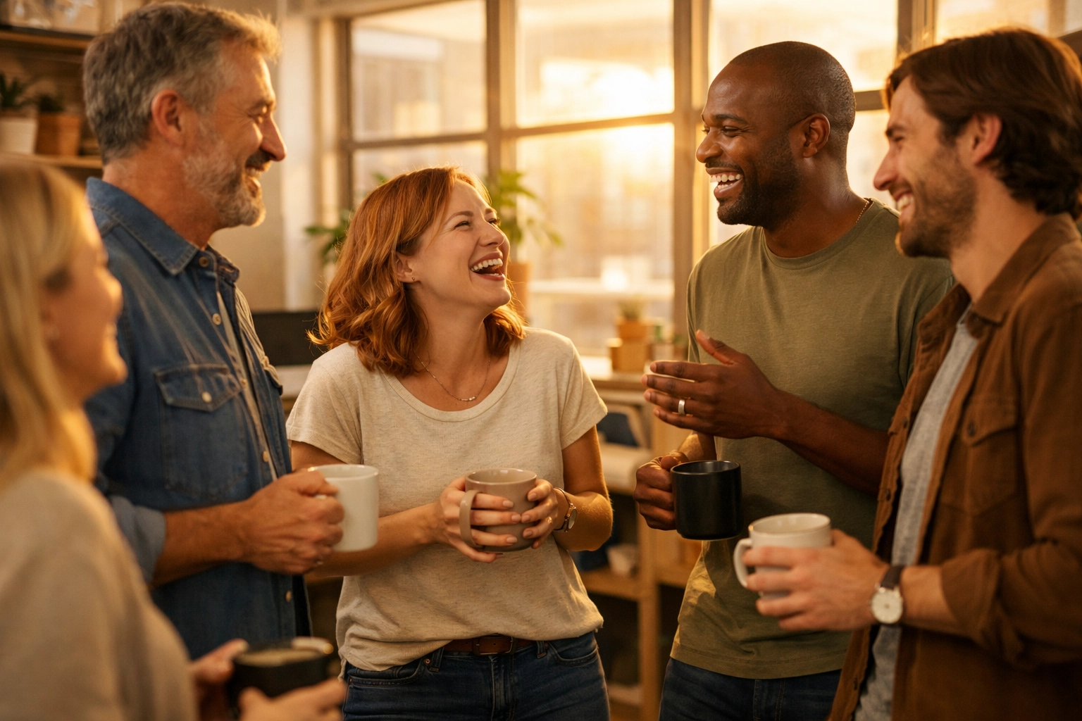 Engaged employees connecting and collaborating in modern office environment