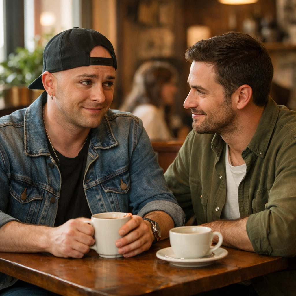 Two men on coffee date, LGBTQ+ couple navigating dating as drag performer out of costume
