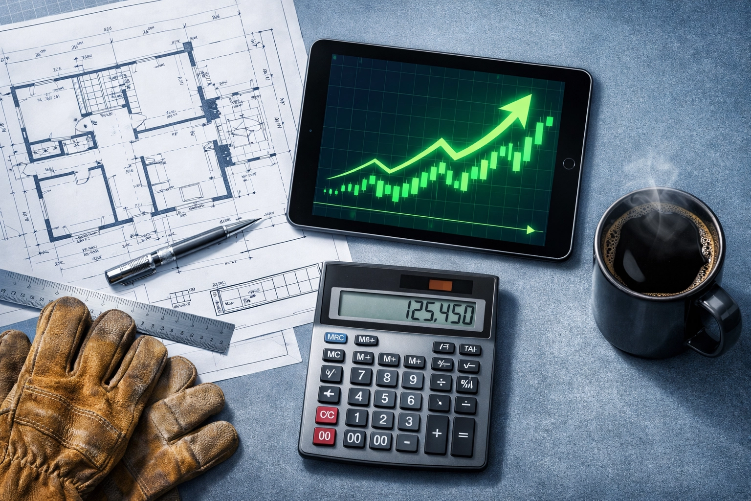Construction strategy table with blueprints and a growth chart, illustrating working capital for contractors.