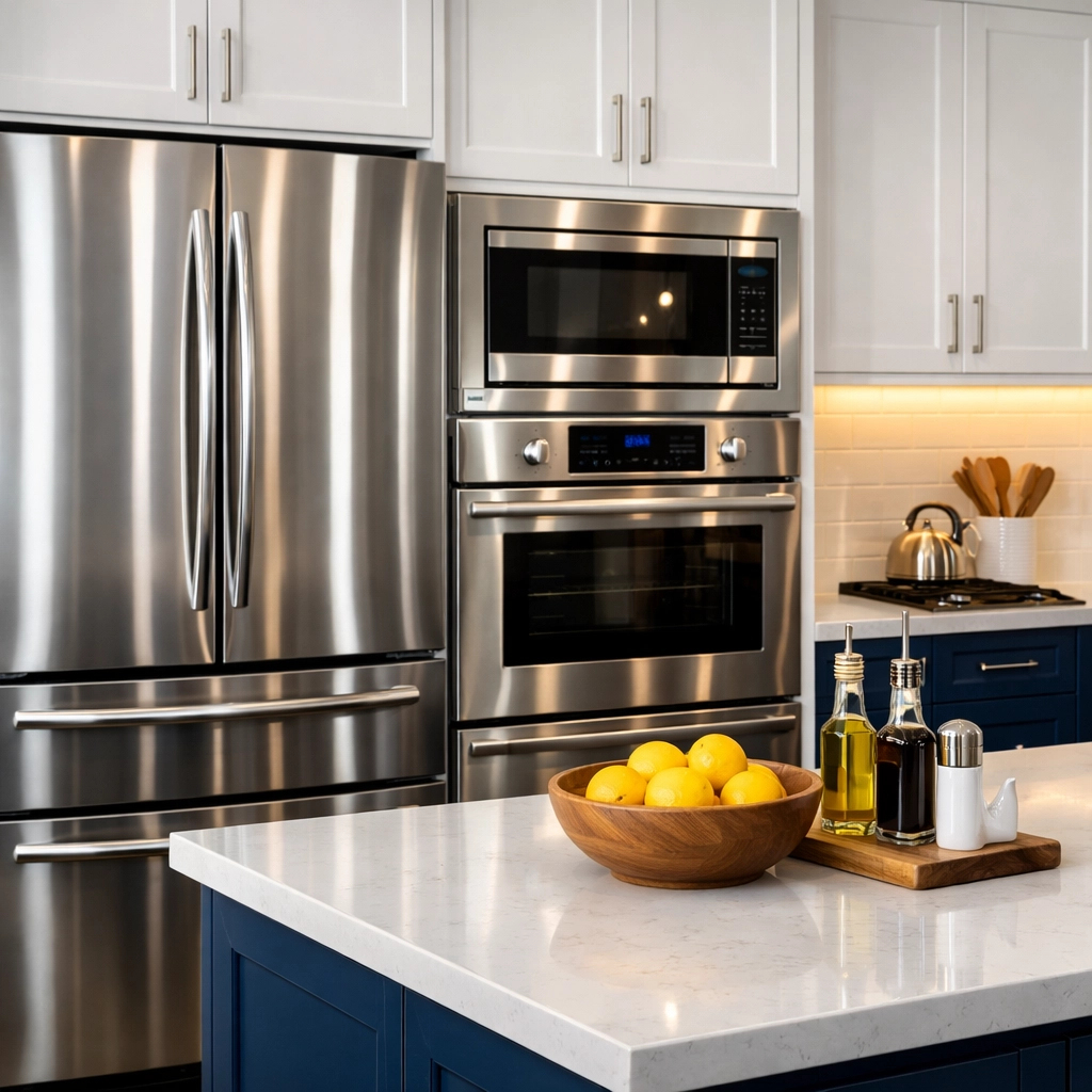 Spotless modern kitchen with polished stainless steel appliances for high-quality real estate photography.