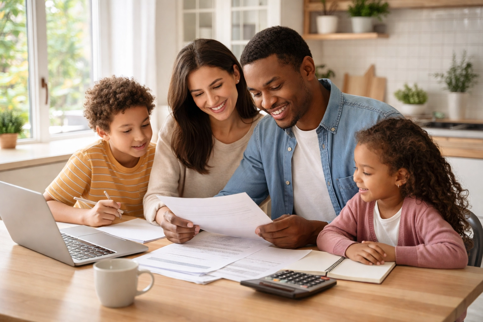 Diverse family of four reviewing tax documents at a modern kitchen table, planning for the 2026 Child Tax Credit.