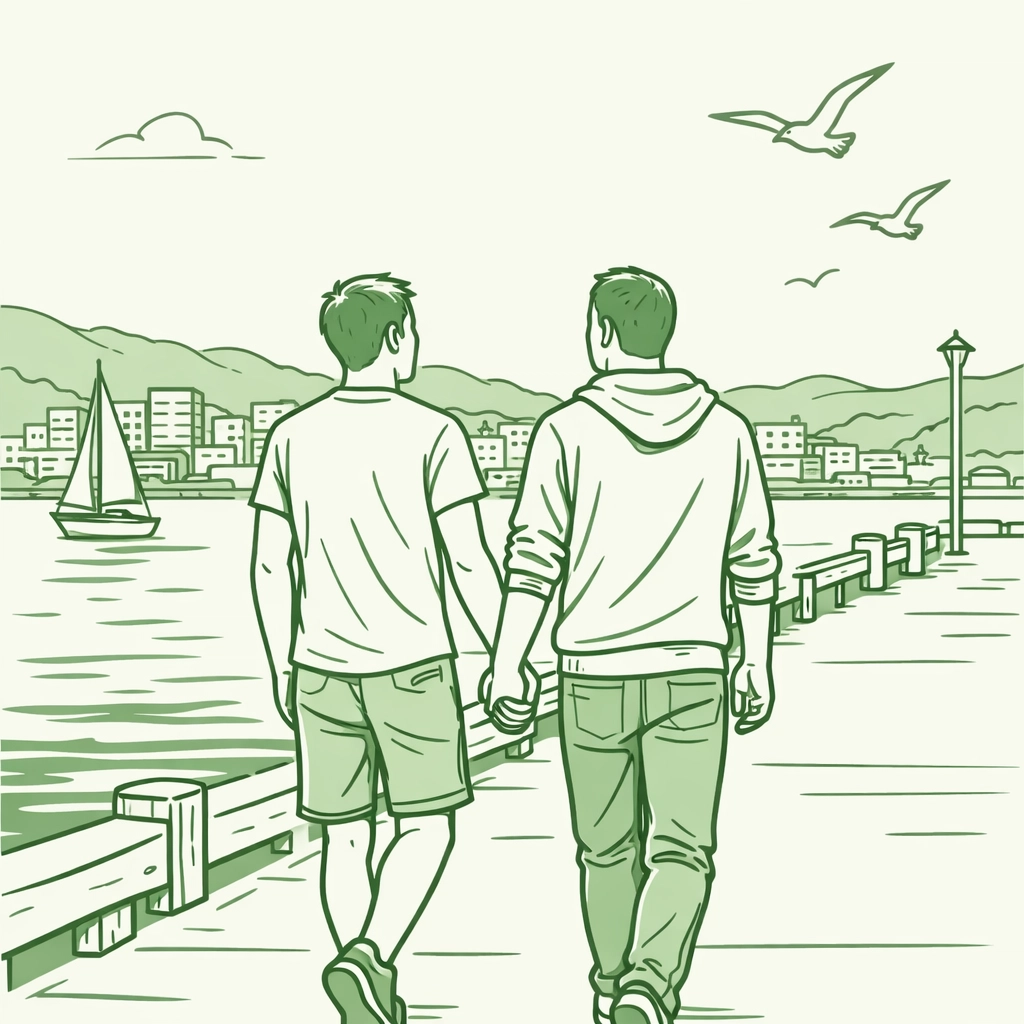 Gay couple holding hands freely along Wellington waterfront after escaping anti-LGBTQ laws