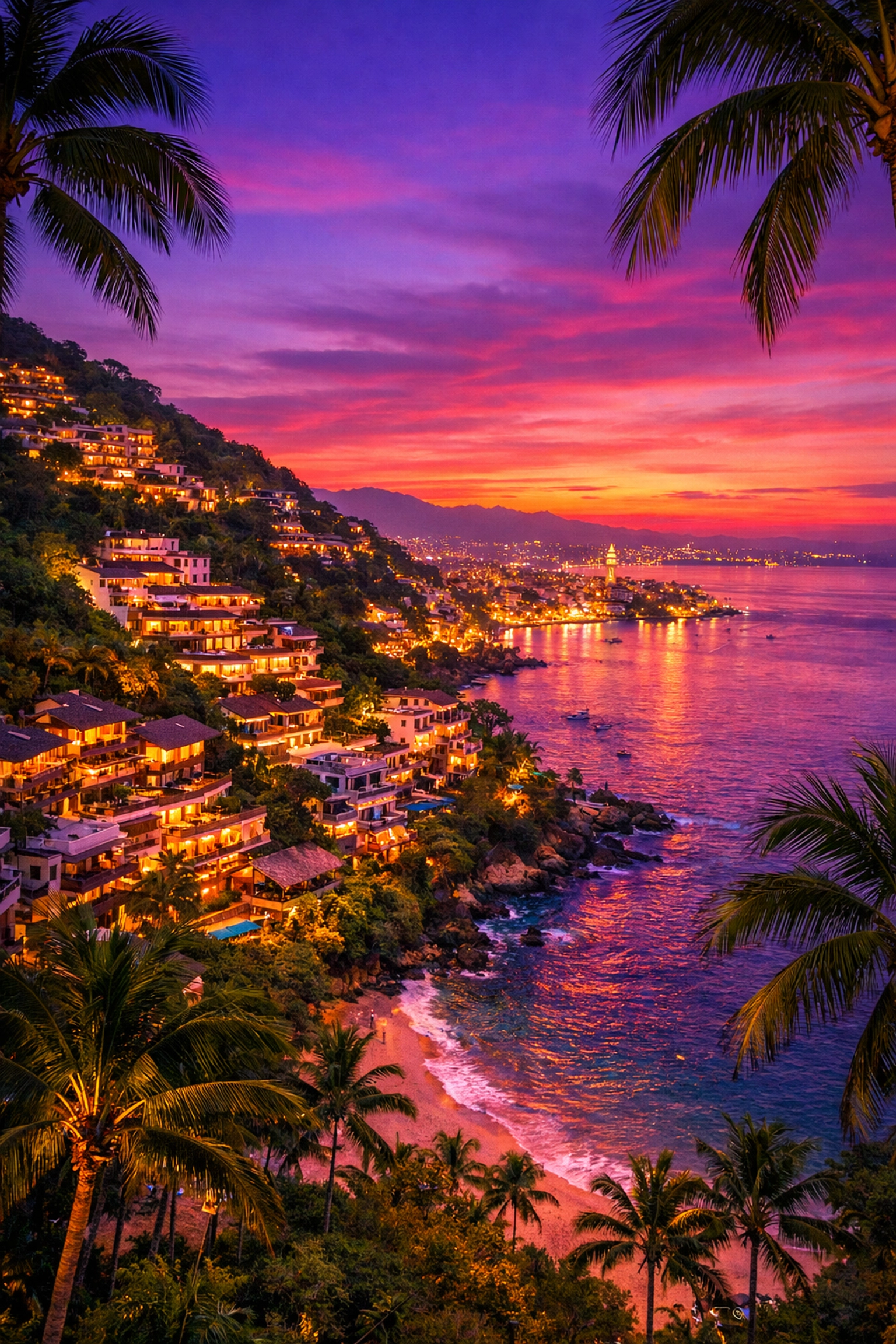 Amapas neighborhood in Puerto Vallarta at twilight with hillside condos overlooking the bay