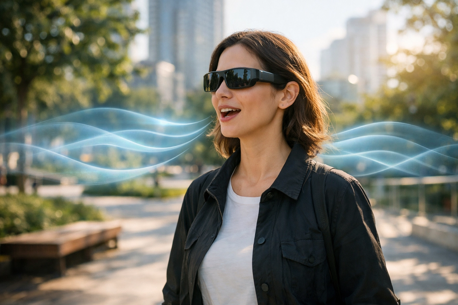 Modern conversational voice search interface used outdoors for mobile SEO optimization.