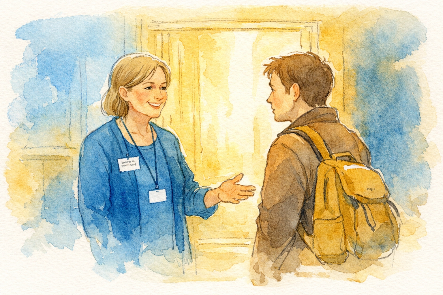 Church volunteer warmly greeting a new visitor at the entrance with a welcoming smile