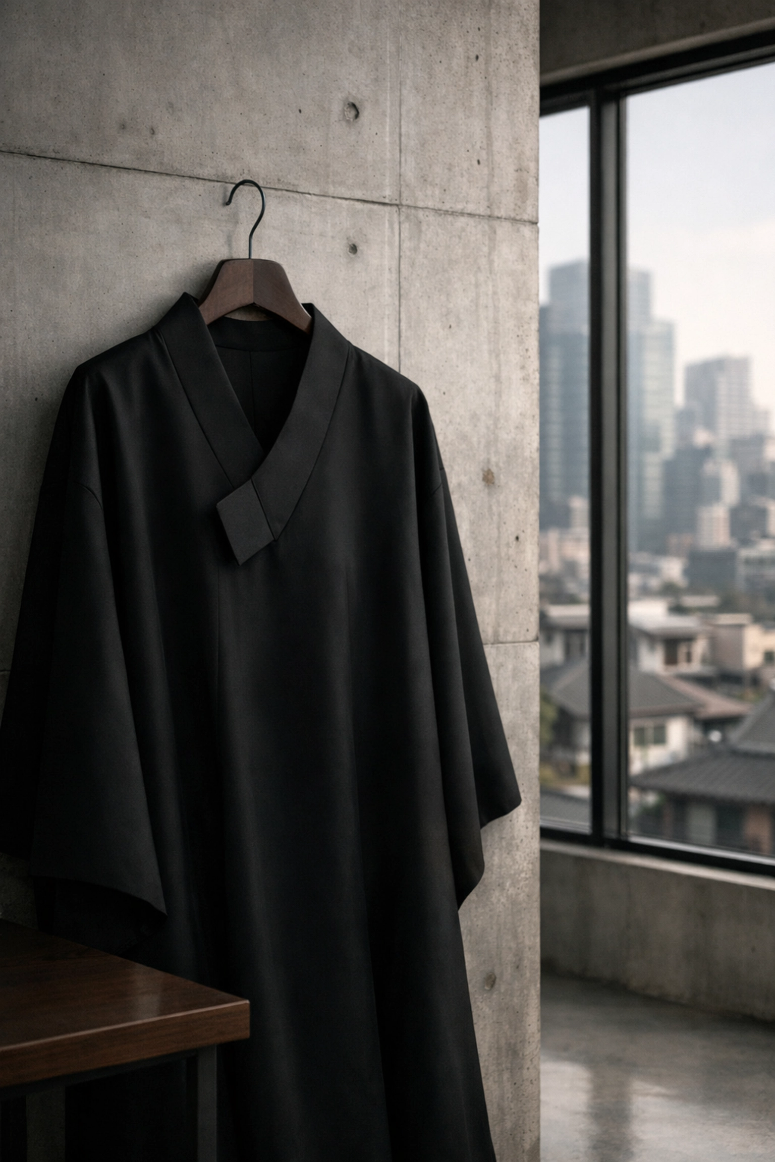 Ahhorn's minimalist black dress reimagining traditional Korean Hanbok silhouettes in a Seoul design studio.