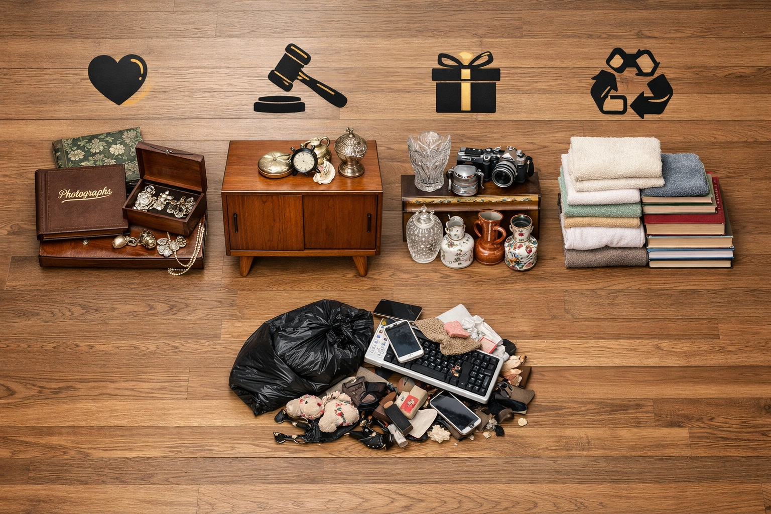 Organized estate sorting: items separated into keep, donate, auction, and disposal piles