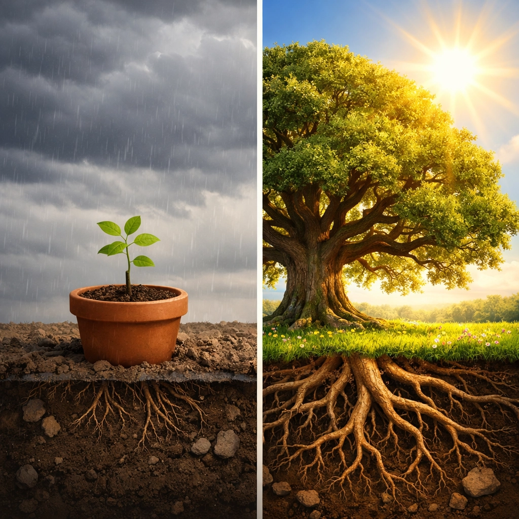 A small sapling next to a giant oak tree representing the growth from delaying retirement benefits.