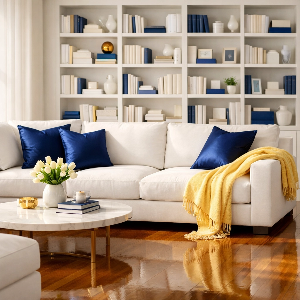 Minimalist living room with polished floors after weekly house cleaning Leominster MA.