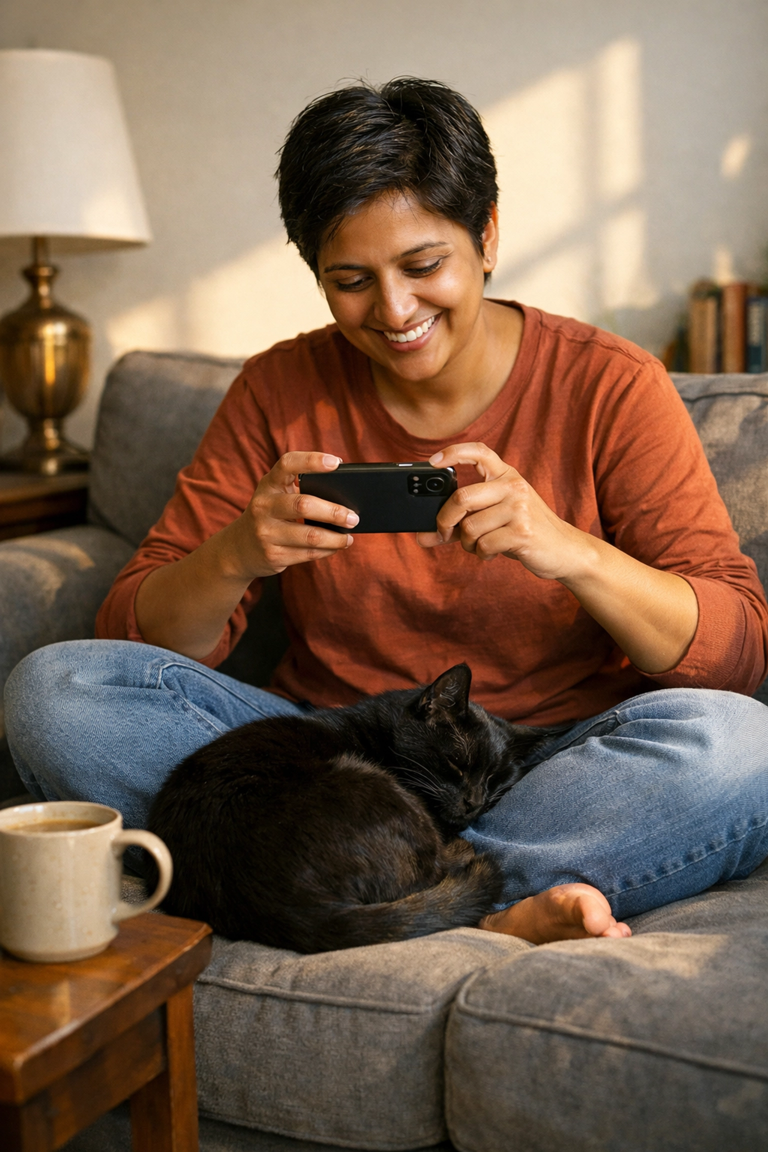 Dedicated cat sitter taking a photo update of a black cat to provide peace of mind to traveling pet parents.