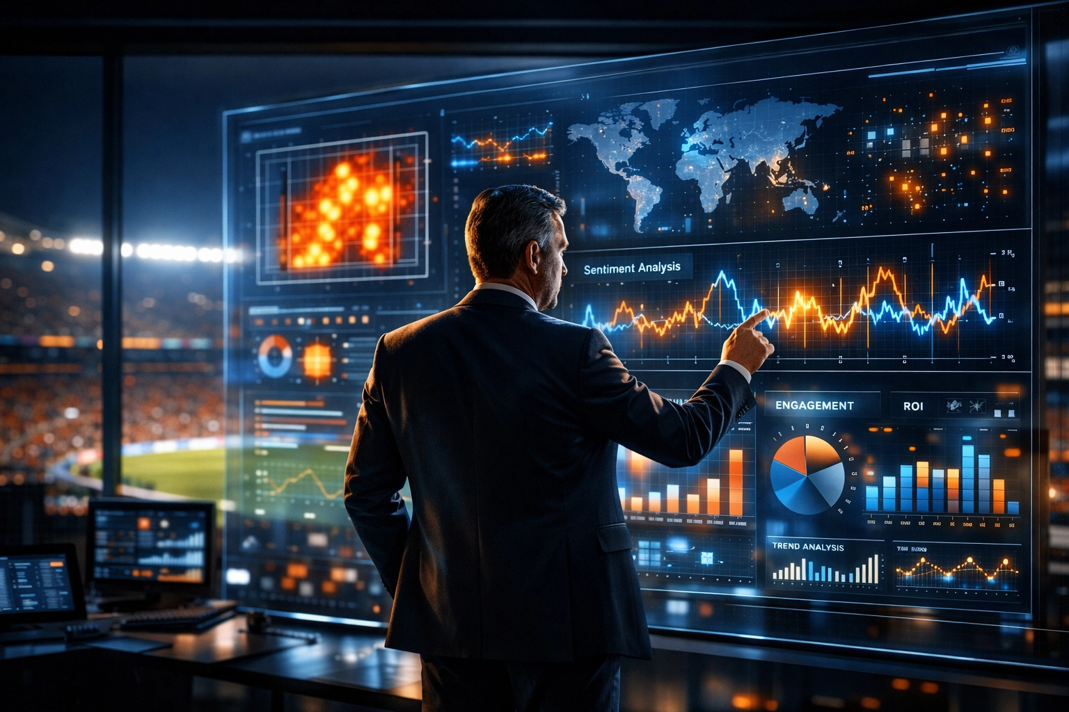 Marketing executive analyzing real-time fan sentiment data and ROI metrics on a digital dashboard.