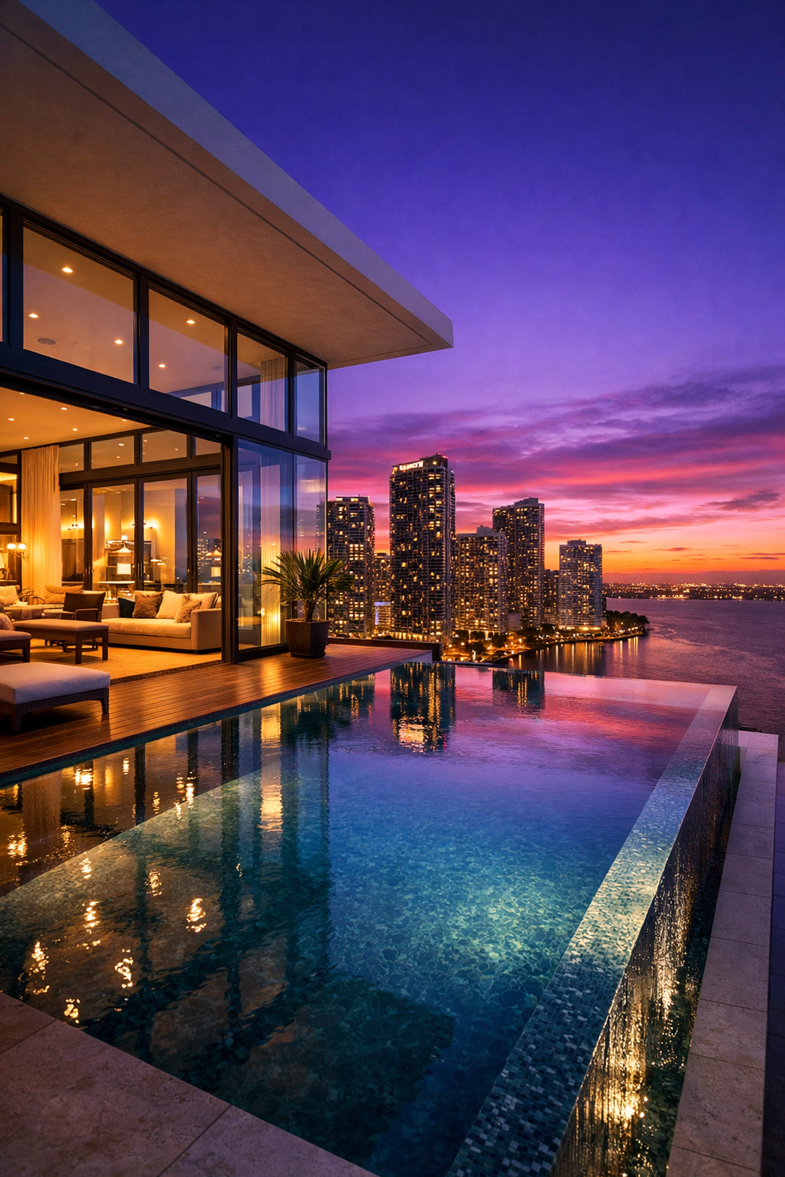 Luxury real estate photography of a Miami penthouse with an infinity pool at twilight.