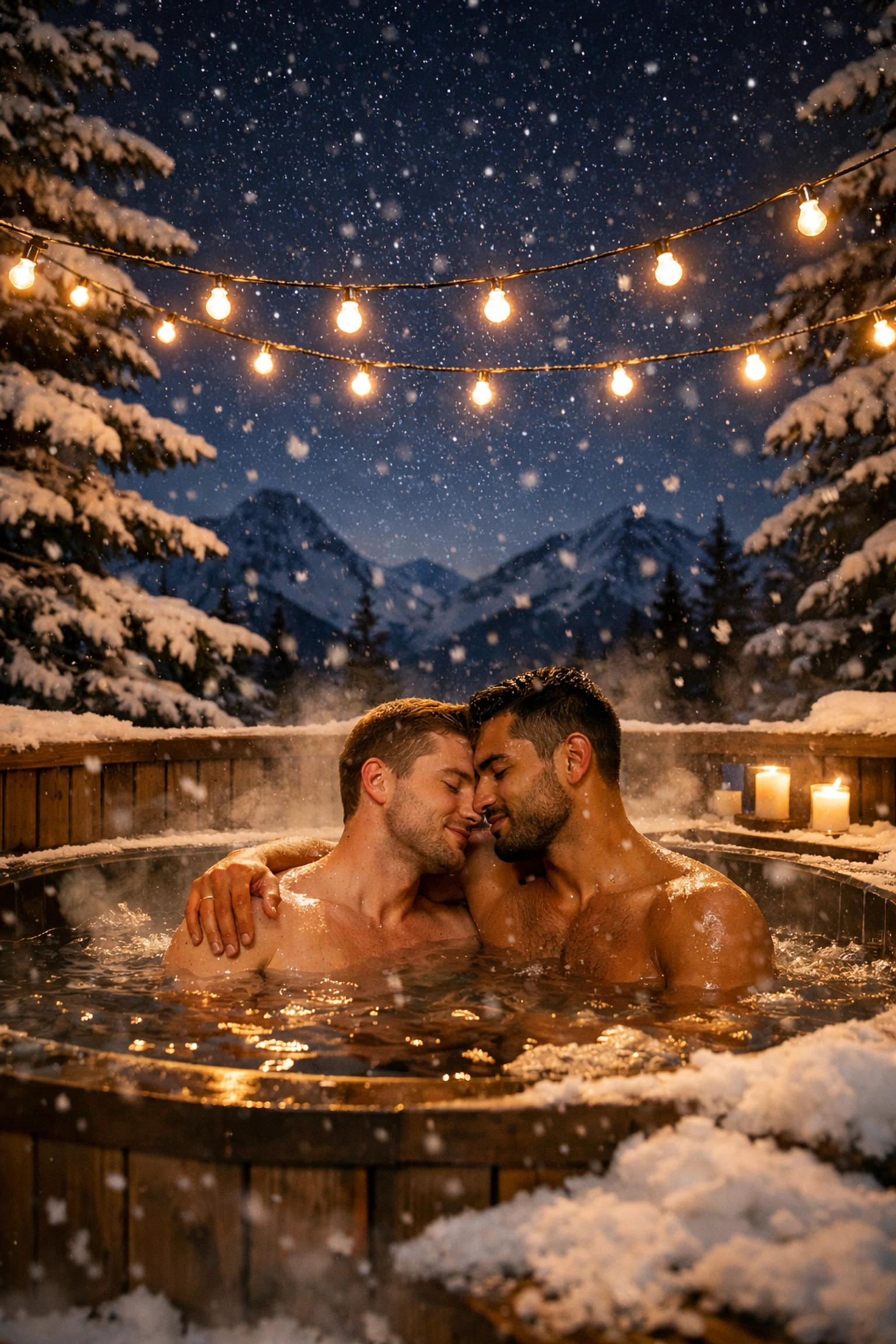 Gay couple relaxing in outdoor hot tub during winter cabin retreat