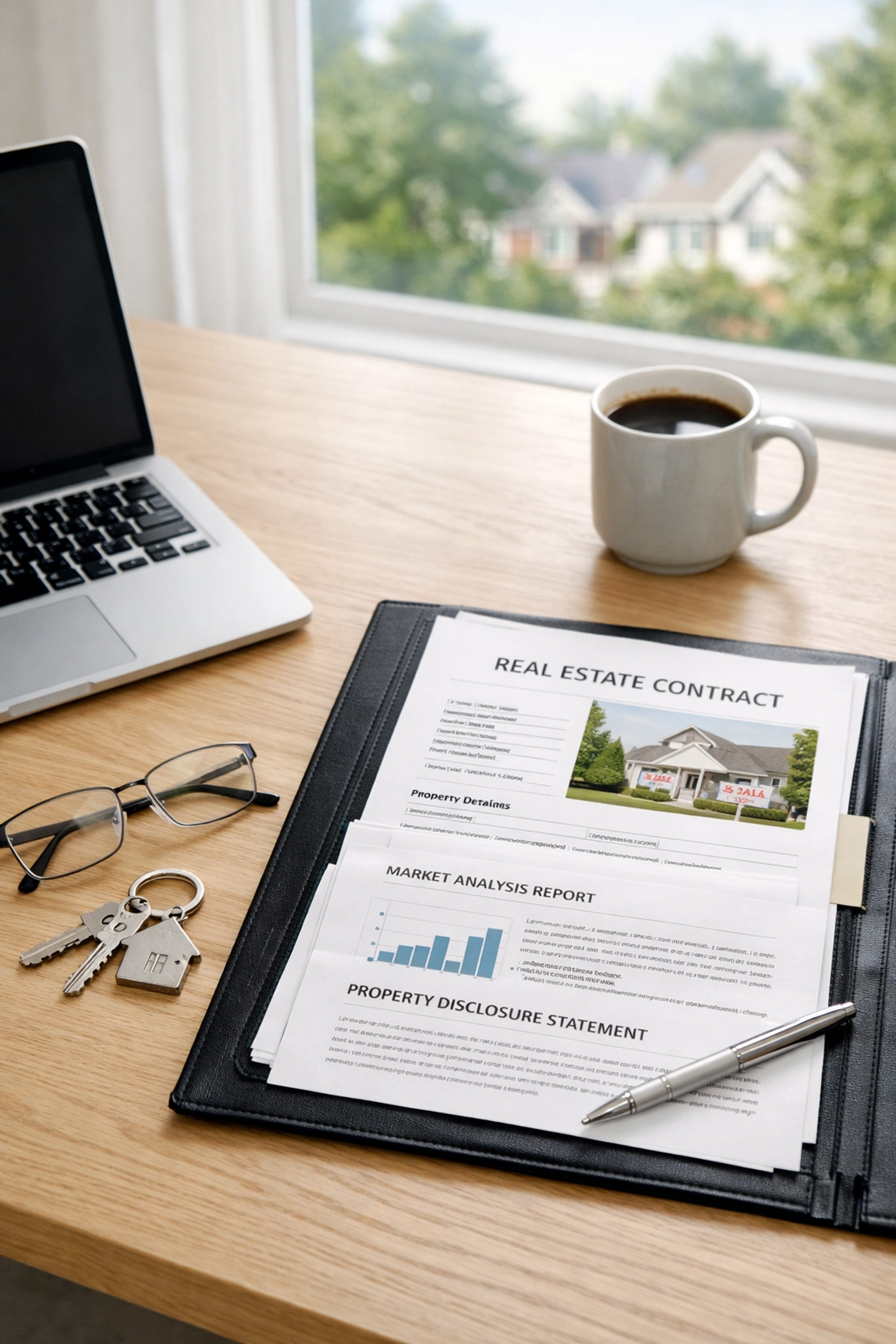 Organized home office desk with real estate documents and keys, illustrating a strategic move in North Carolina.