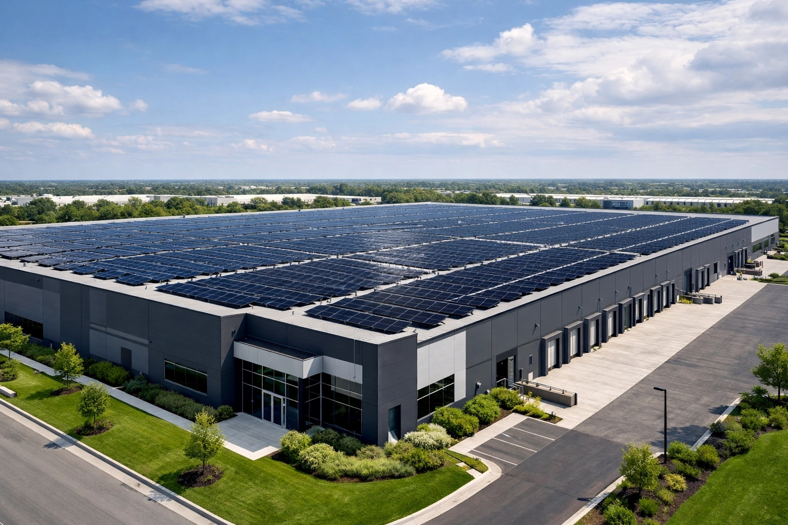 Large commercial warehouse featuring a modern rooftop business solar power installation in an industrial park.