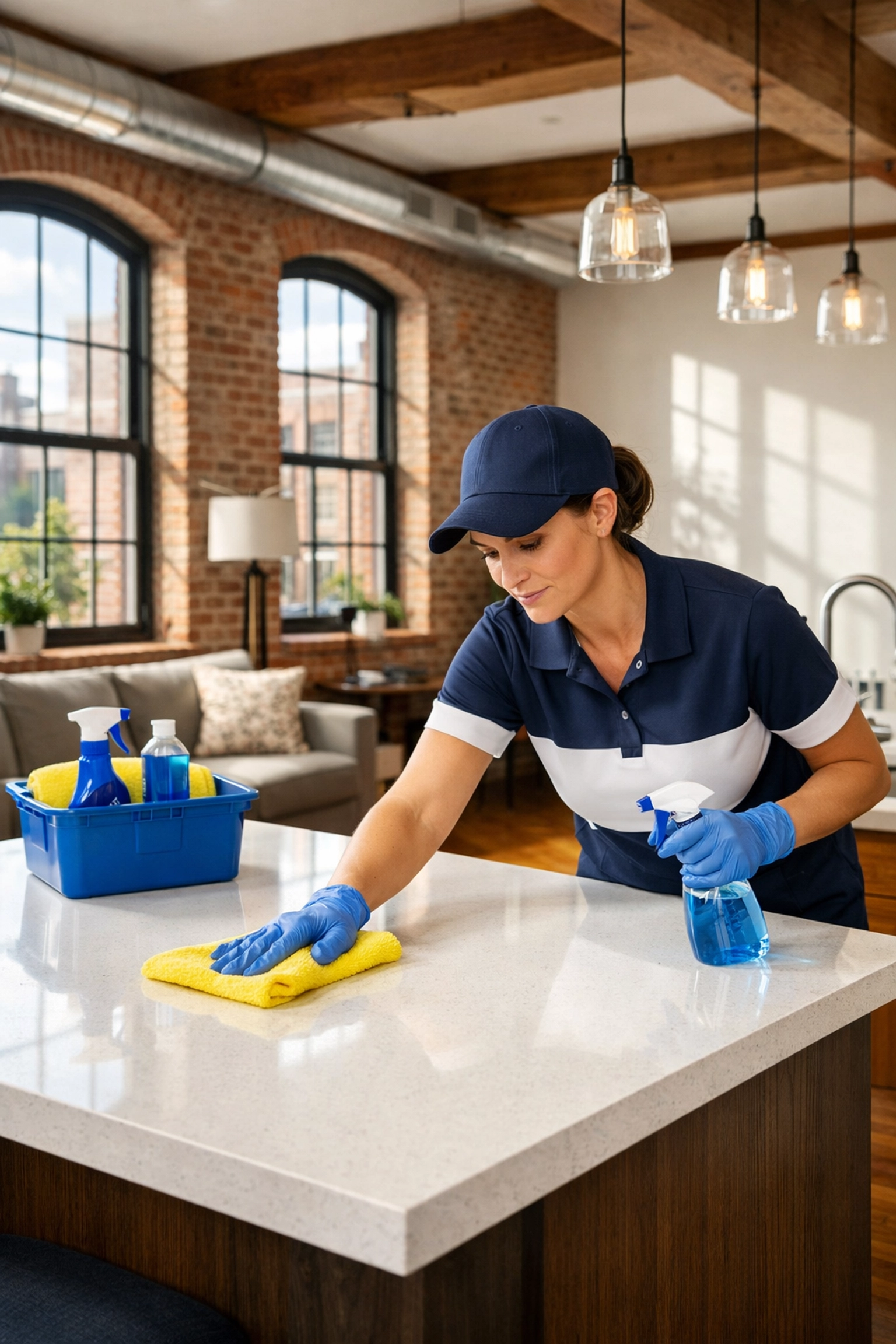 Professional maid services Lowell cleaning a modern industrial loft kitchen for a UMass professional.