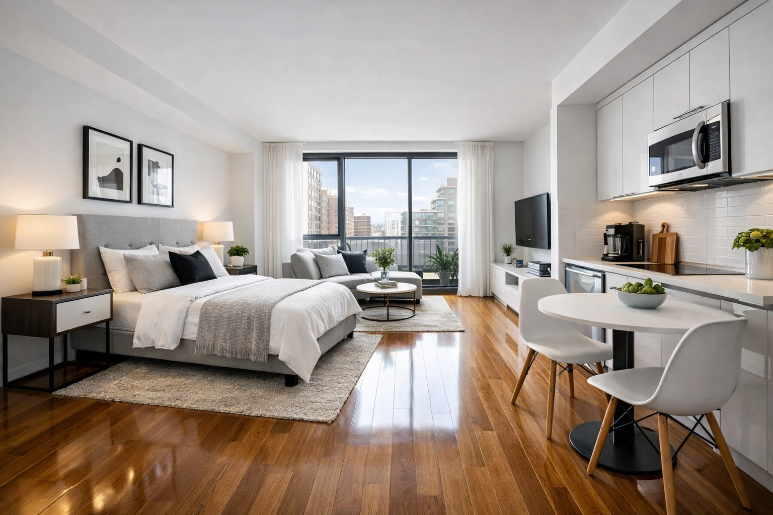 A spotless move-in ready studio apartment after a high-quality professional turnover clean.