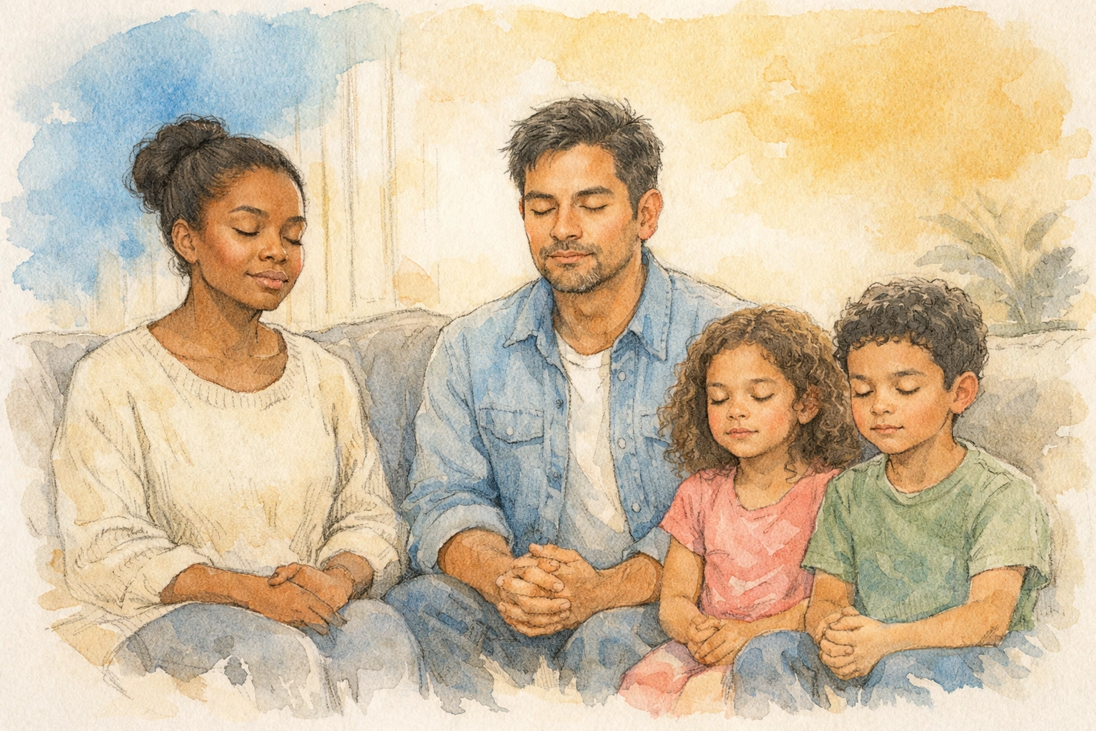 Mehrere Familien sitzen schweigend beieinander und üben sich in der spirituellen Disziplin, Gott in Stille zuzuhören.