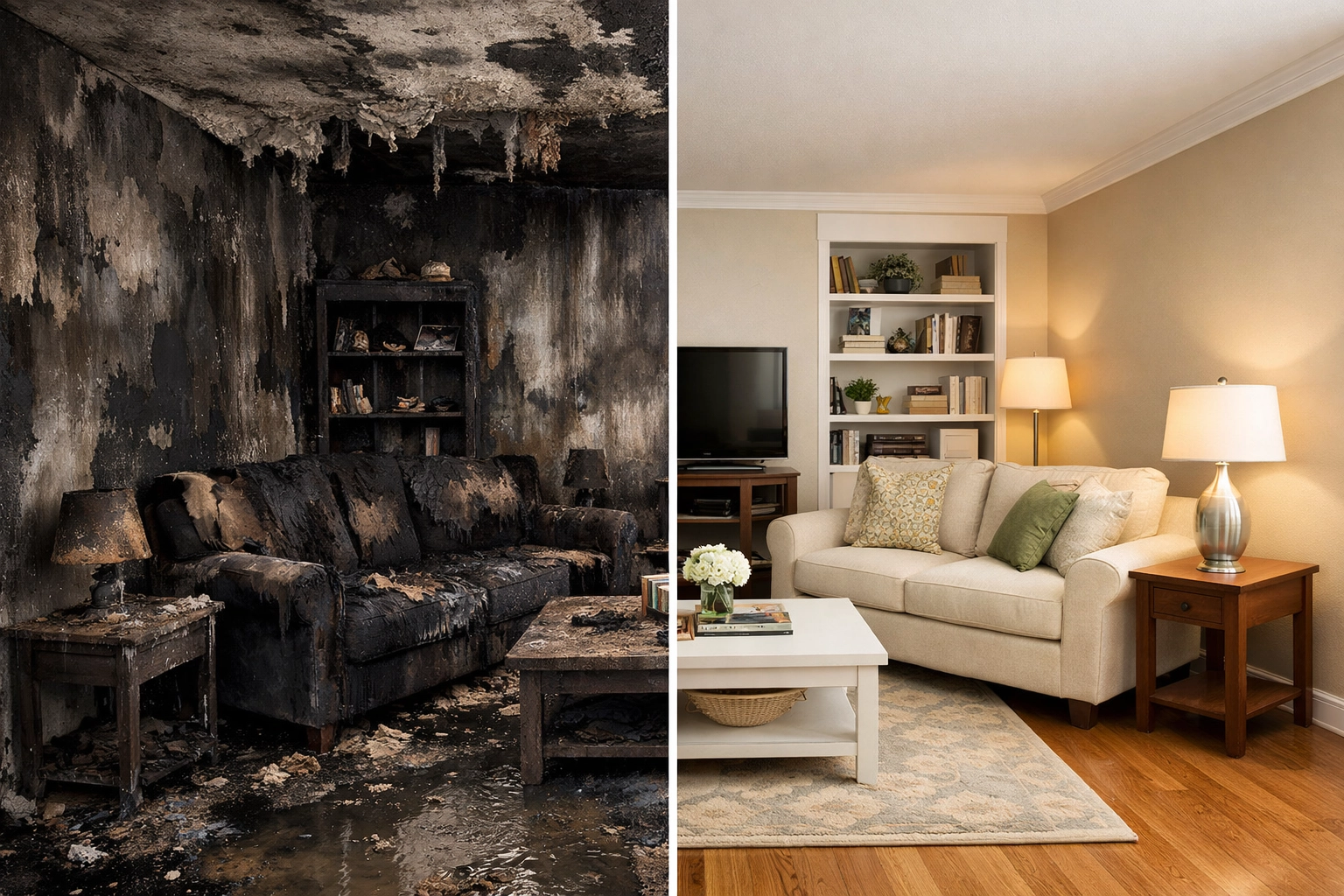 Before and after fire damage restoration showing smoke-damaged room fully restored