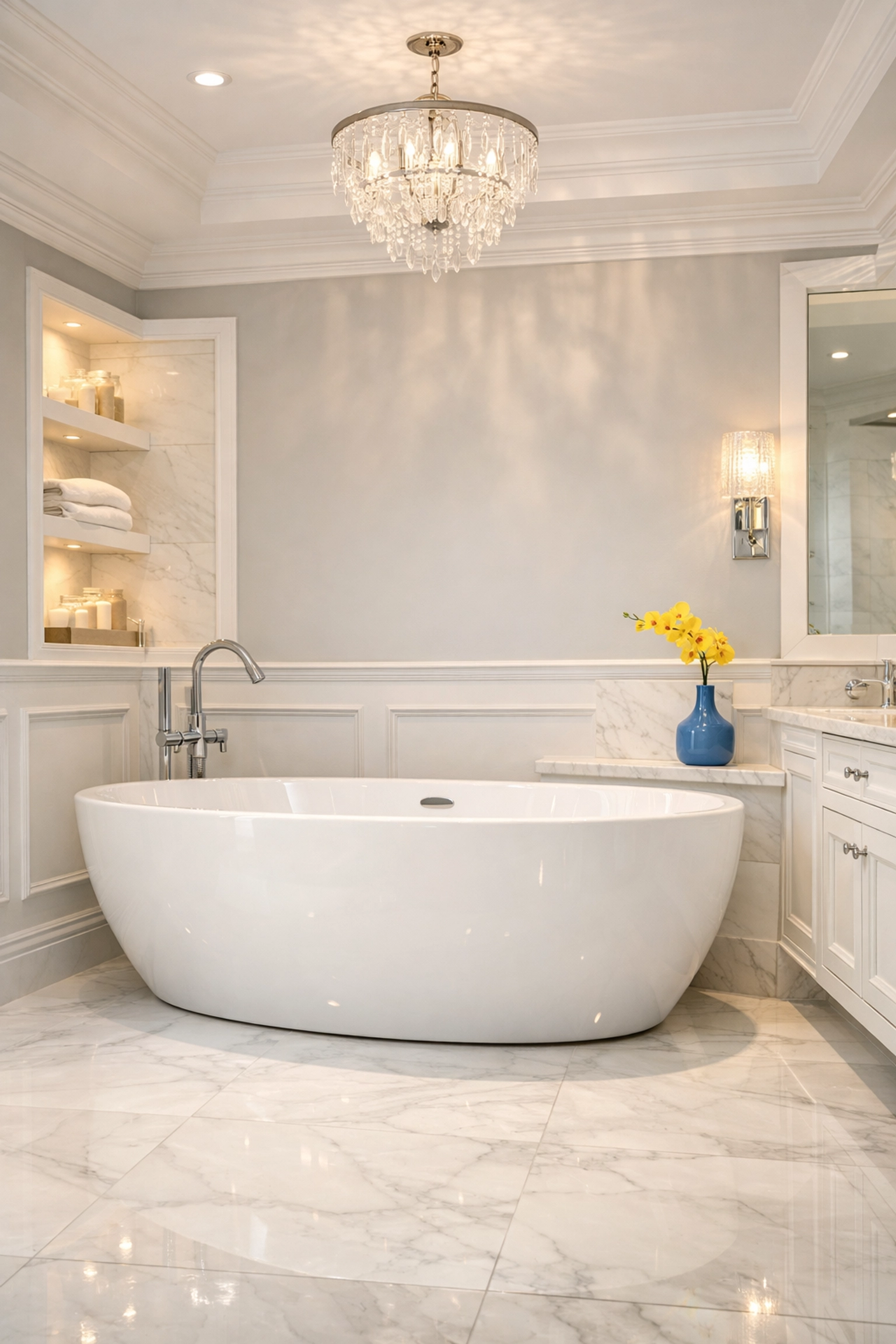 Post-renovation deep cleaning for a Lancaster master bathroom featuring polished marble and a soaking tub.