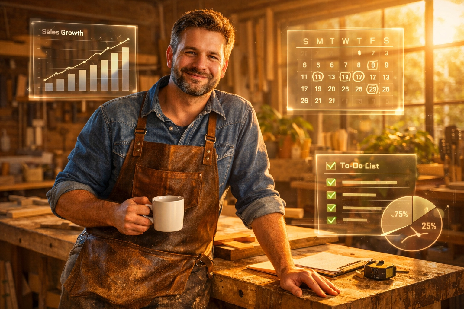 Small business owner using automated AI interfaces to manage business tasks and increase productivity.