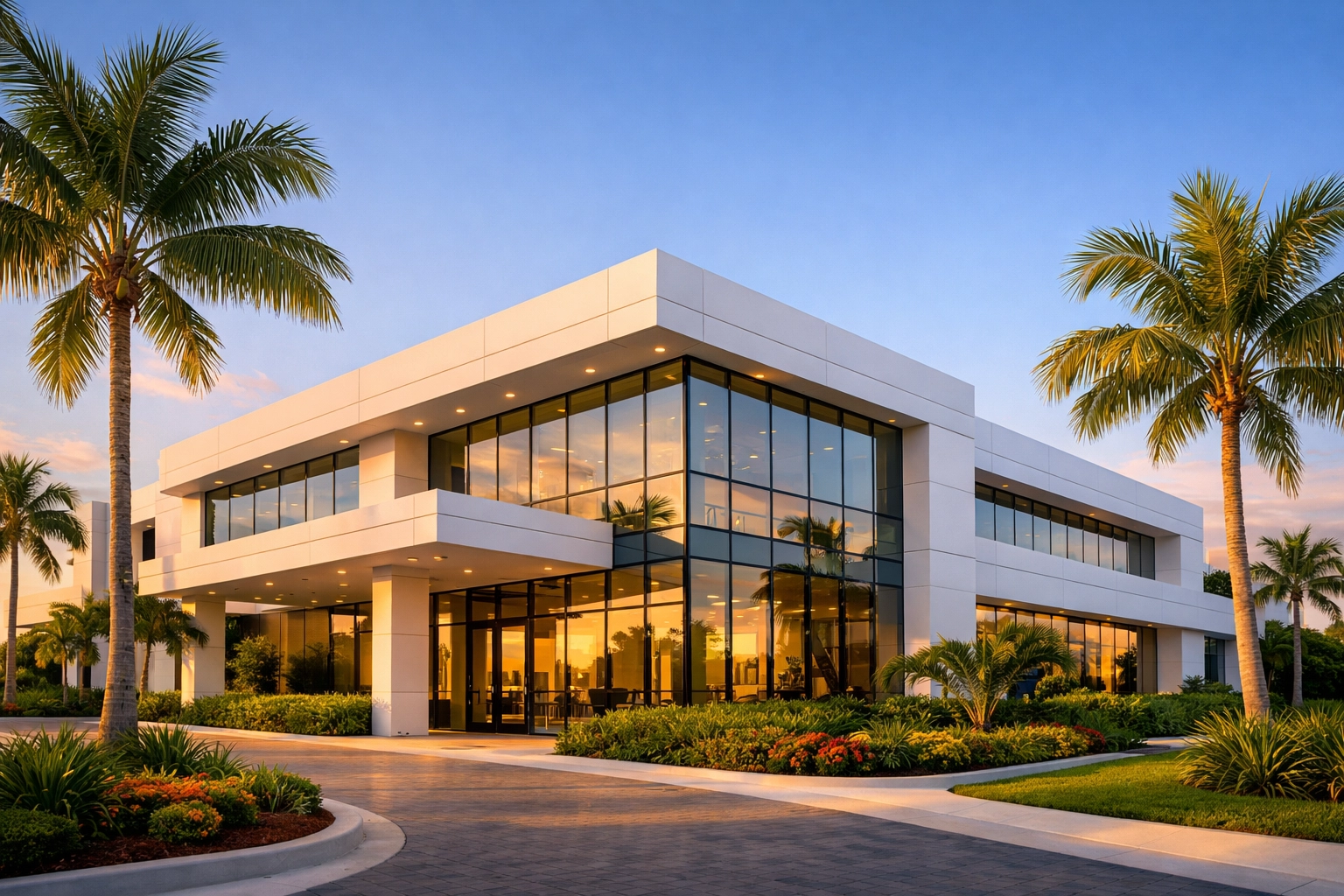 Modern commercial construction project in South Florida with sleek design and tropical landscaping.