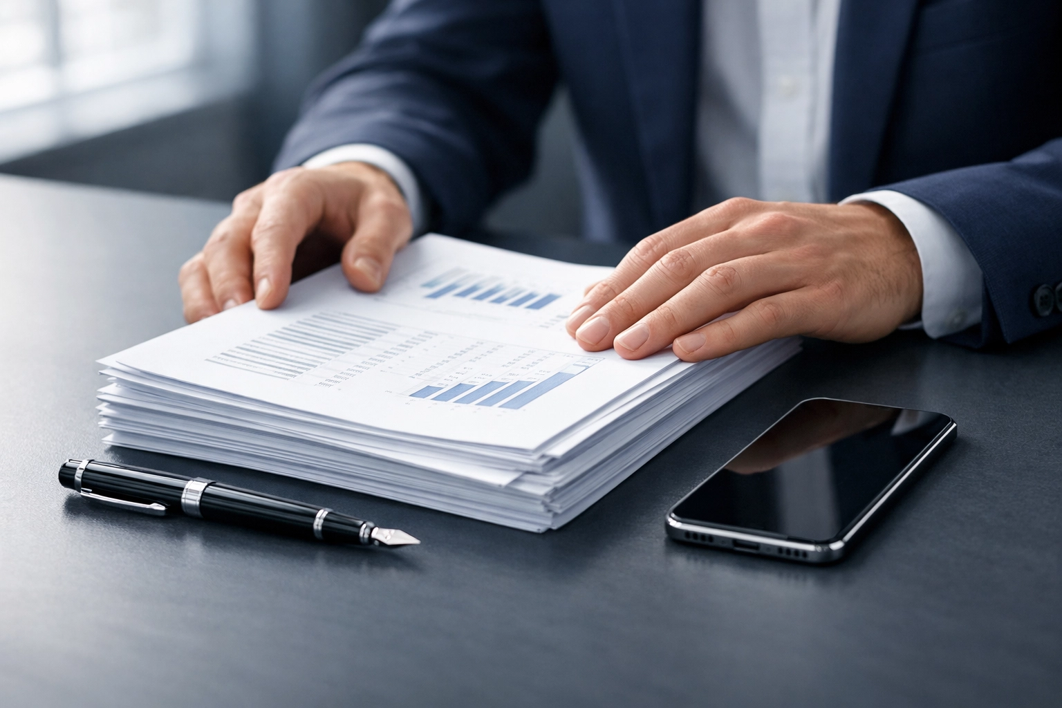 A business broker reviewing organized financial documents for SBA financing due diligence.