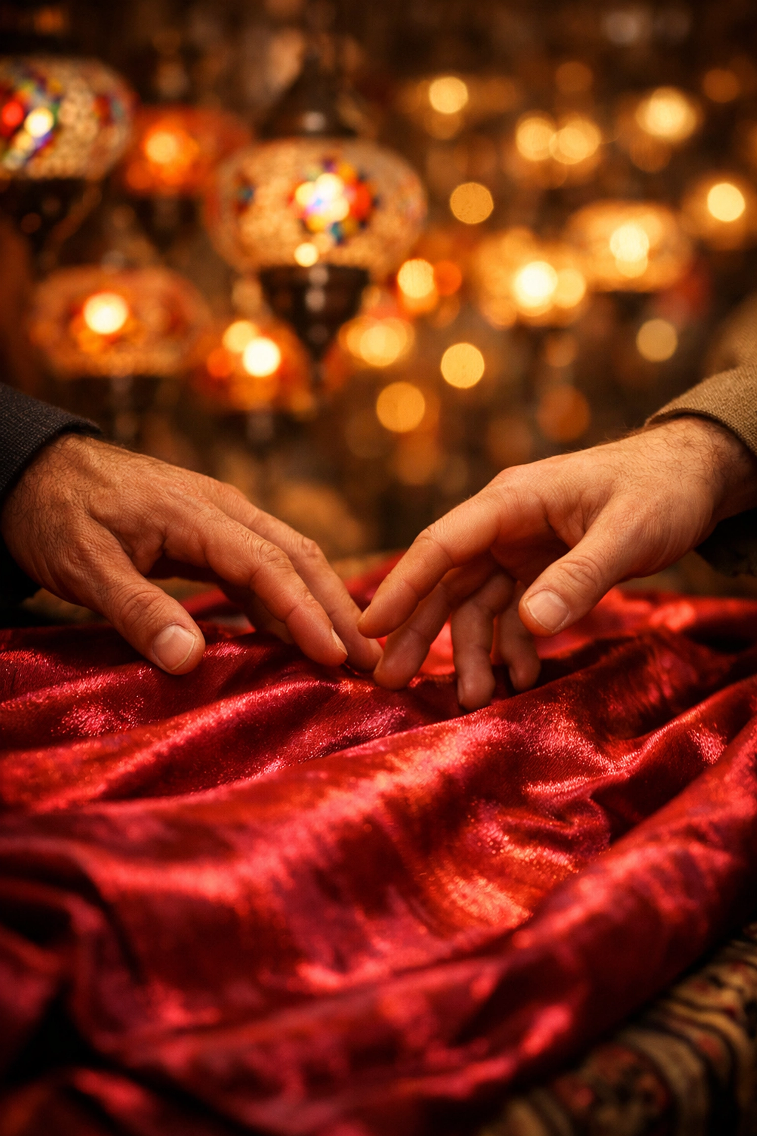 Hands almost touching over silk in the bazaar, a classic scene from an MM historical romance.