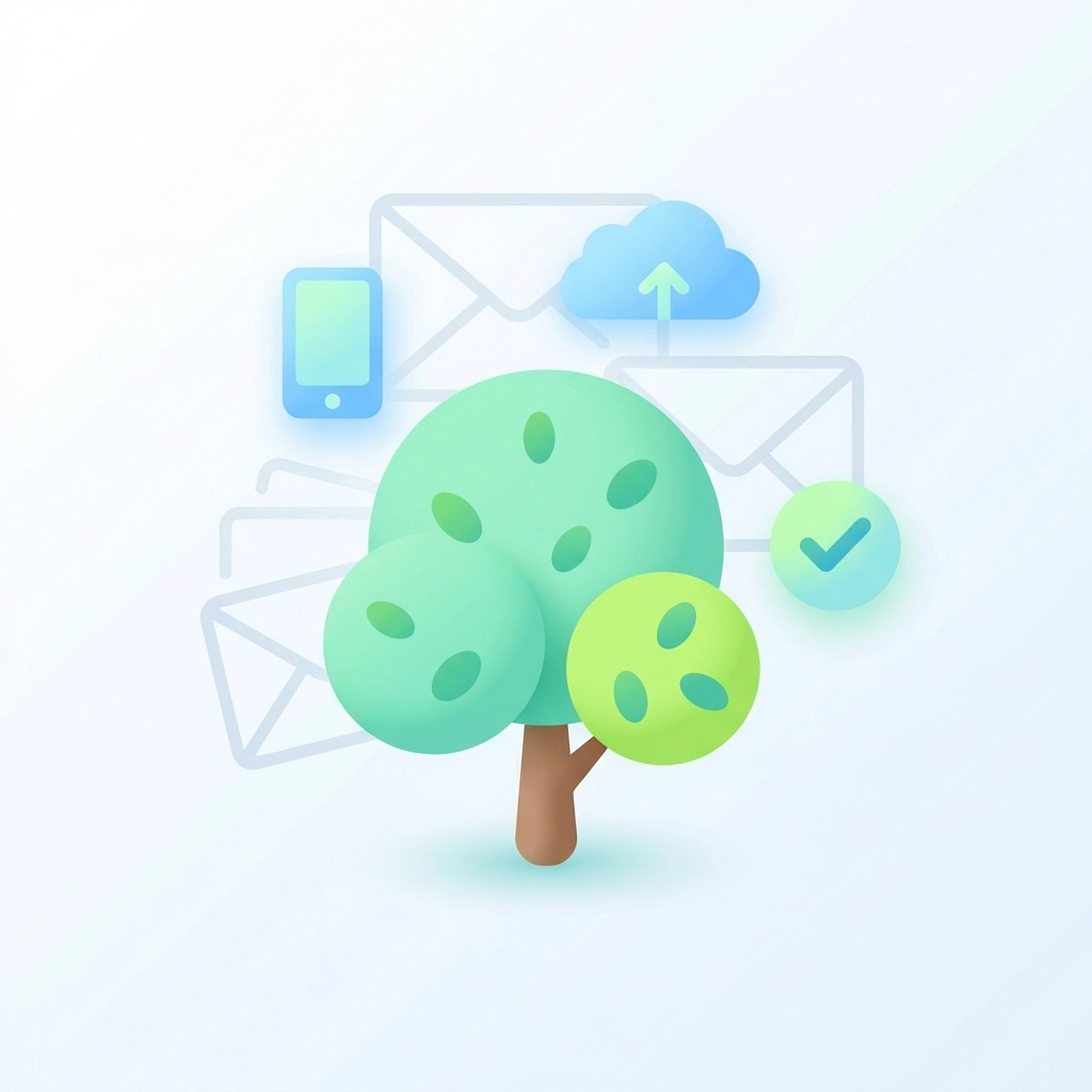 A green thriving tree surrounded by digital icons, symbolizing paper reduction and Zipinmail's eco-friendly digital mailbox.