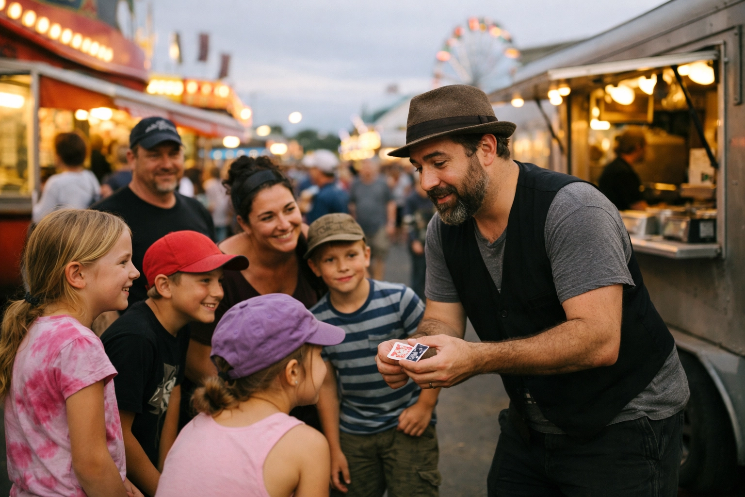 Street performer entertaining a crowd during a community event transition to prevent the midway melt.