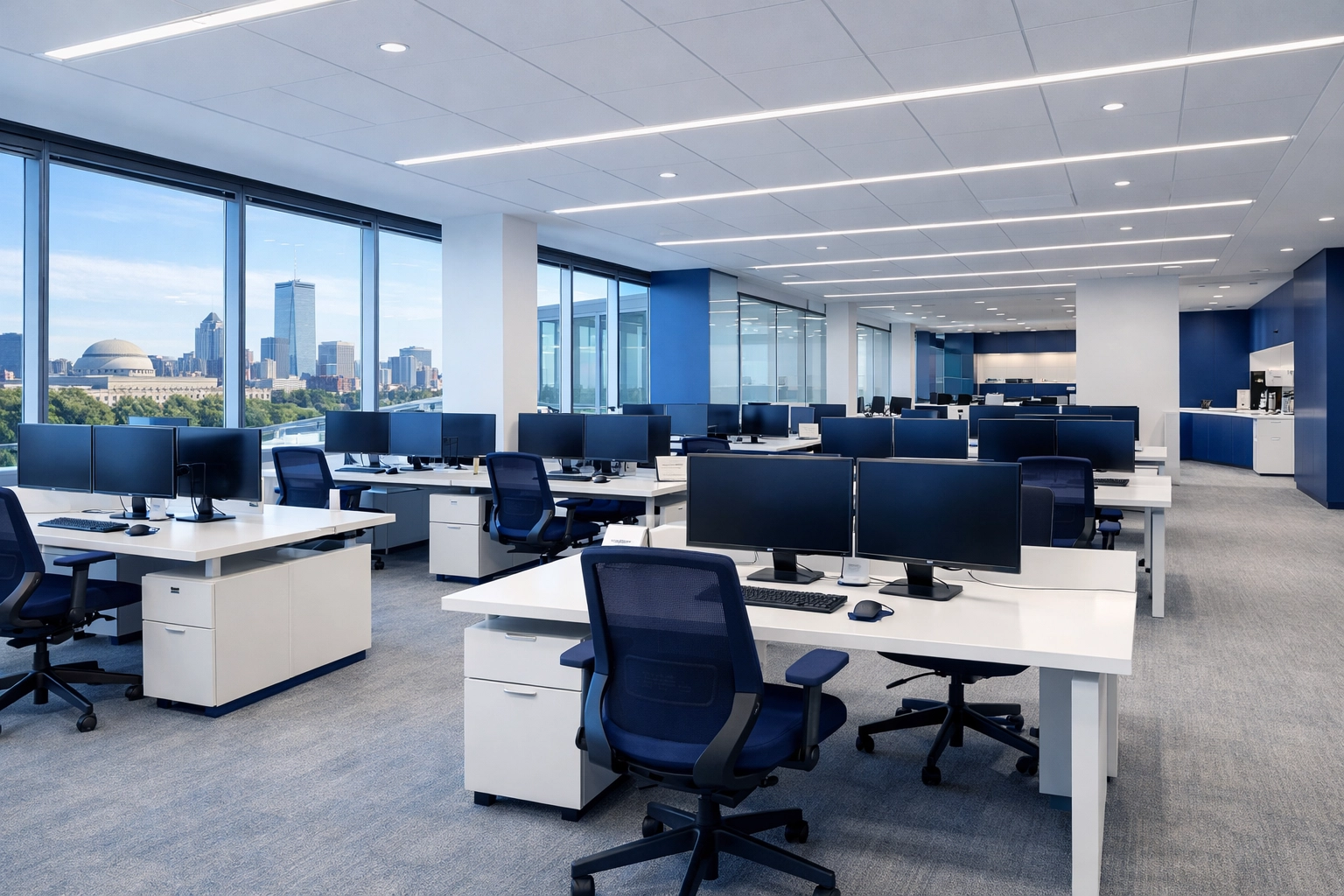 Spotless open-plan office in Cambridge featuring professional janitorial services Massachusetts.