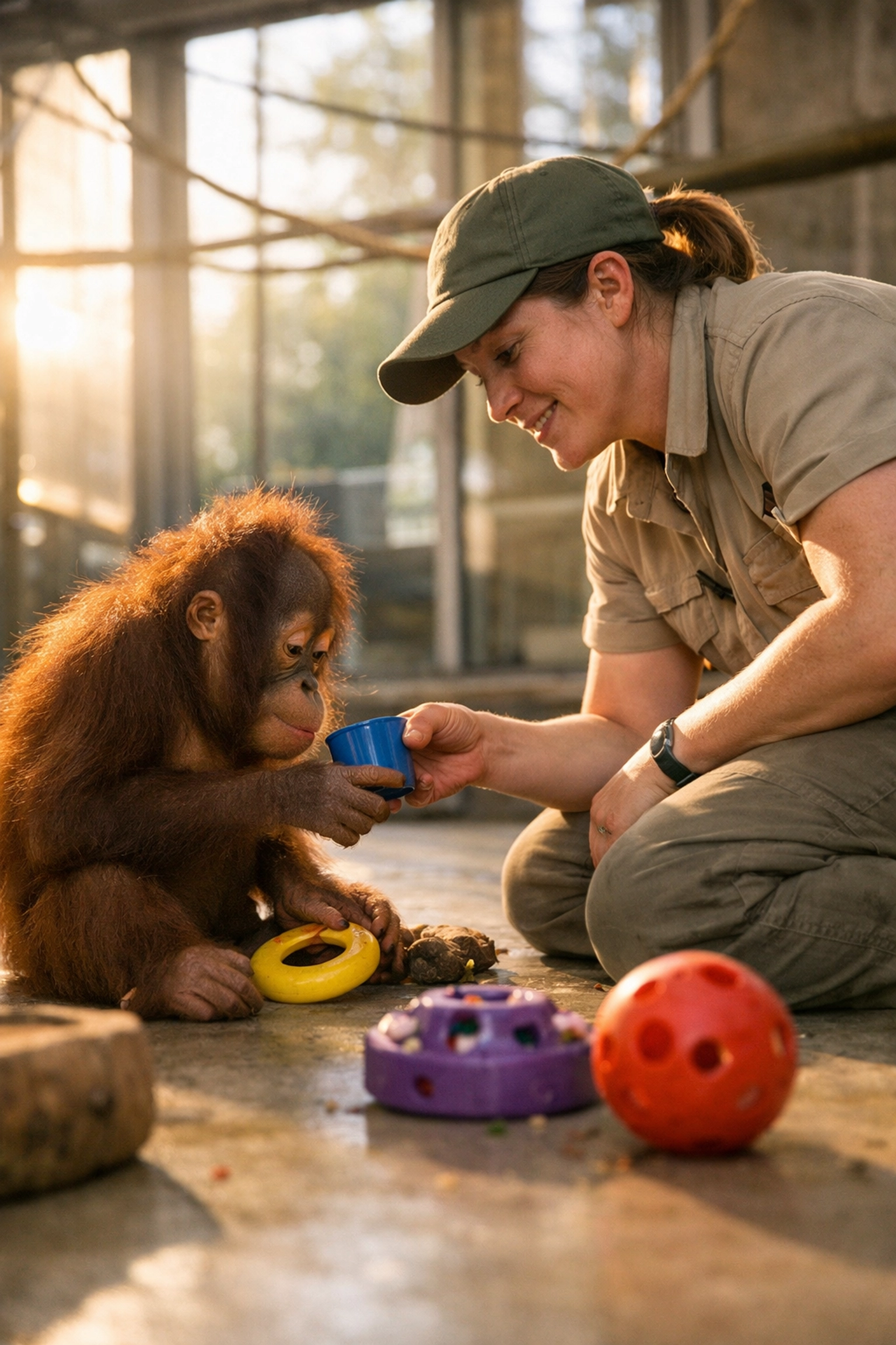 Zookeeper training young orangutan in behind-the-scenes zoo education session