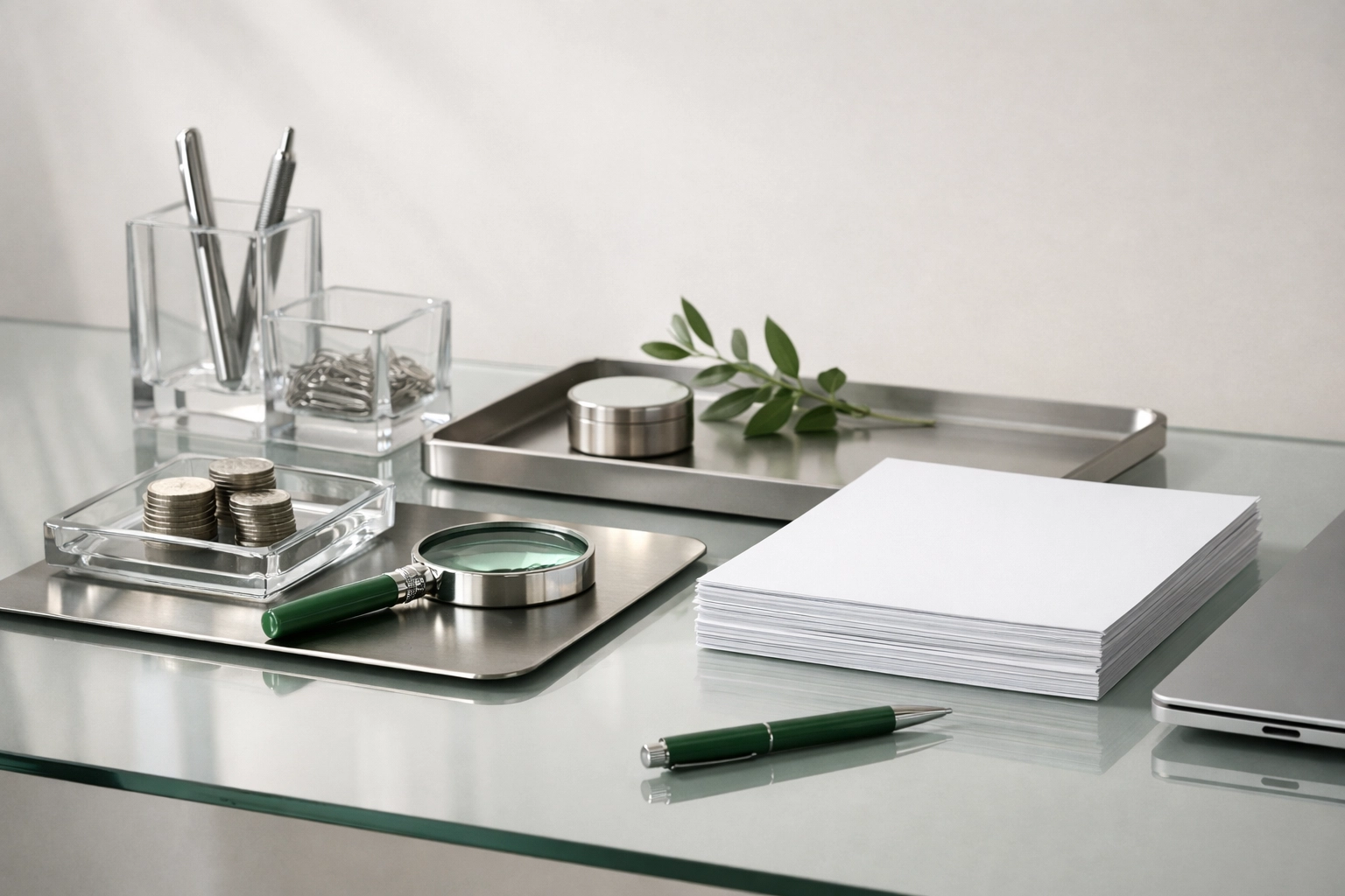 Luxury minimalist desk organizers, blank documents, and refined green accents representing strong internal financial controls.