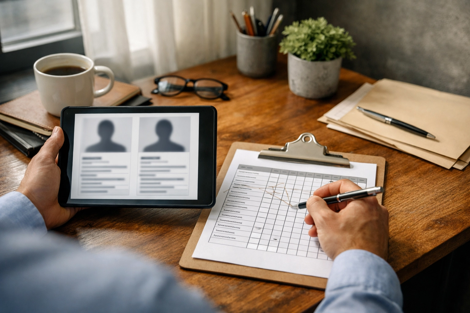 Hiring manager comparing candidates using a scoring matrix on a clipboard while reviewing anonymized profiles on a tablet.