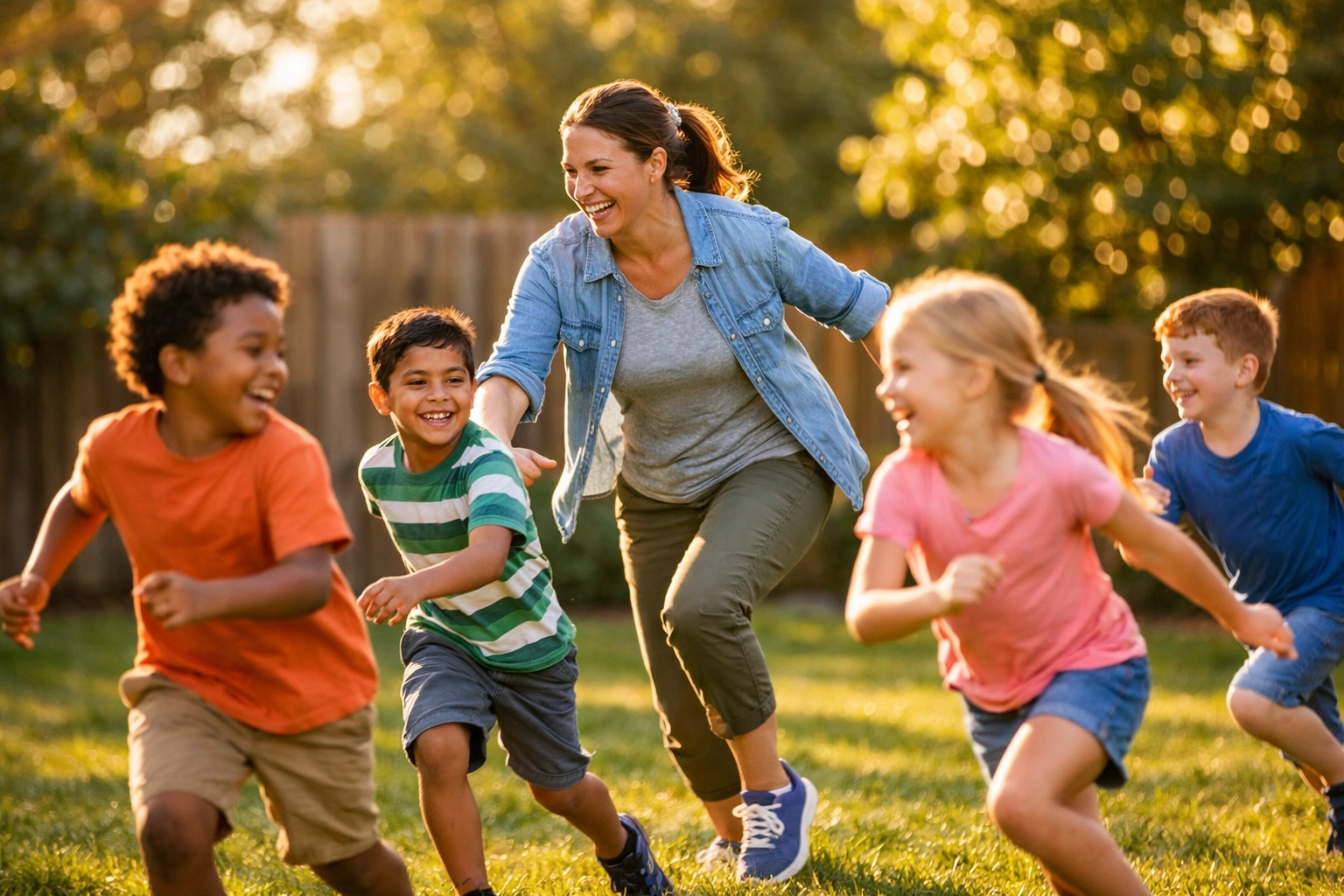 Children playing outdoor games with ABA therapist practicing social skills in natural environment