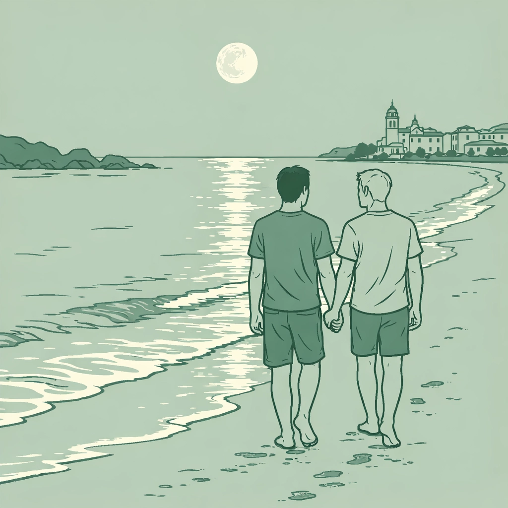 Gay couple walking hand-in-hand on moonlit Bassa Rodona beach in Sitges, Spain