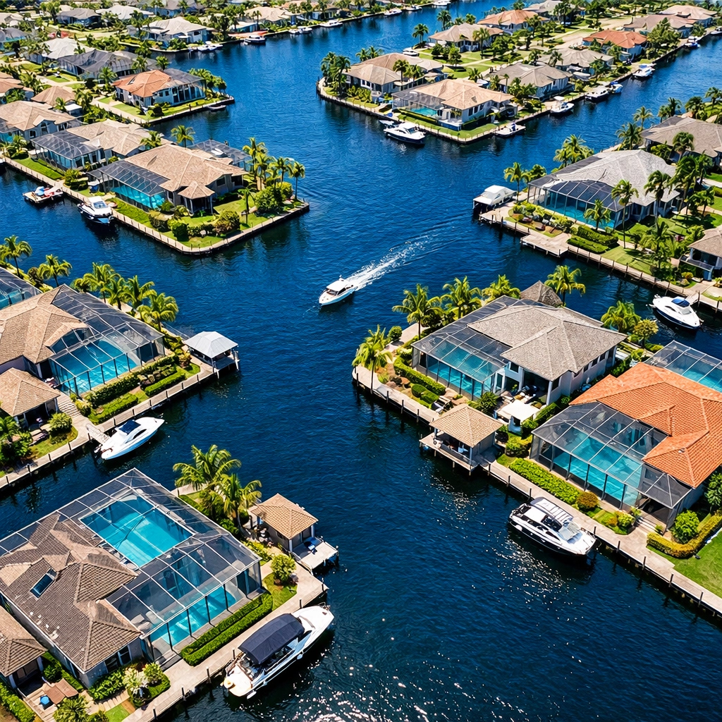 Aerial view of the Cape Coral quadrants and the world-famous residential canal system.