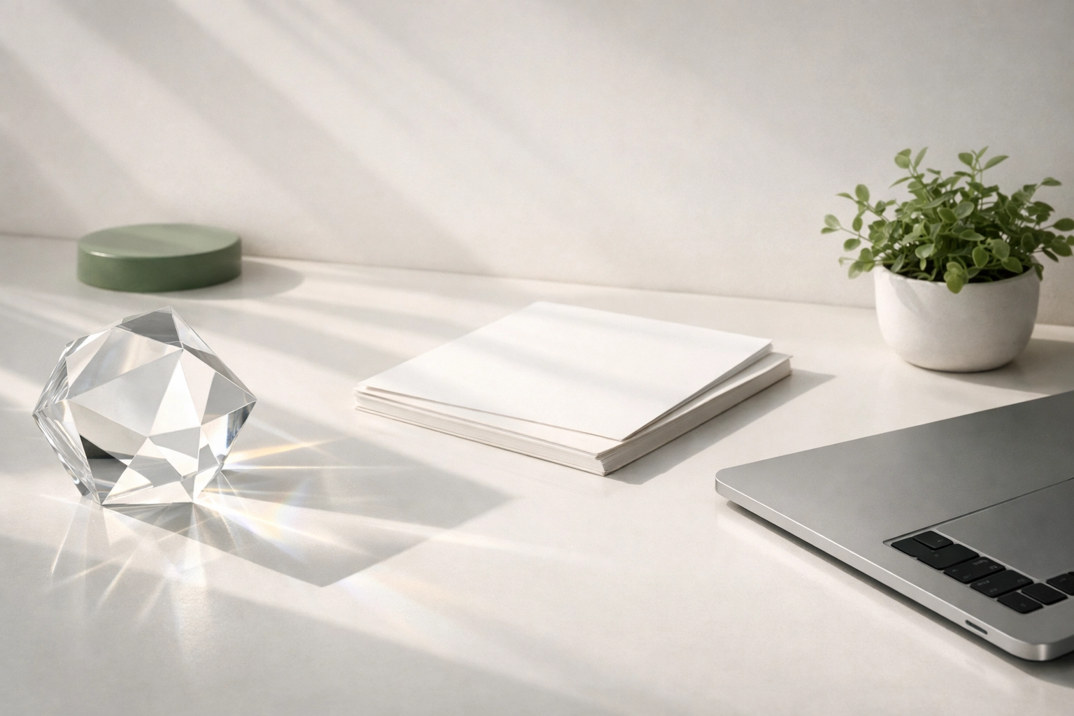 Natural light through crystal on a clean desk with premium materials and green botanical accents representing fractional CFO clarity and transparency.