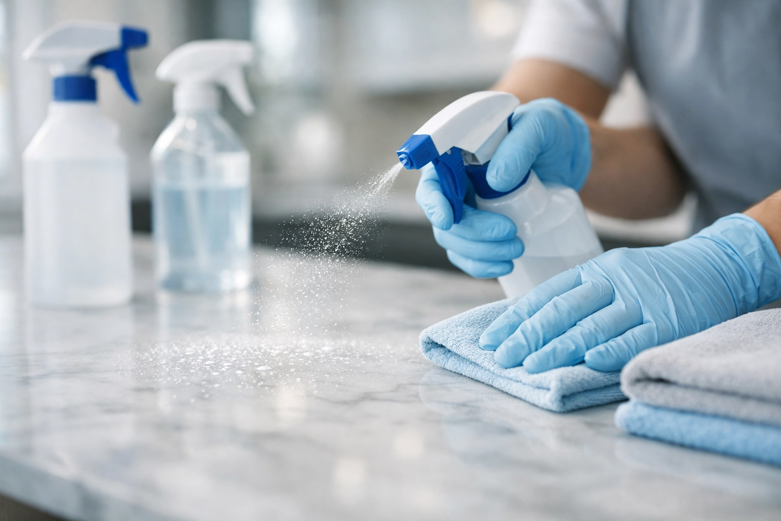 Professional cleaner applying proper cleaning solution to protect countertop surfaces