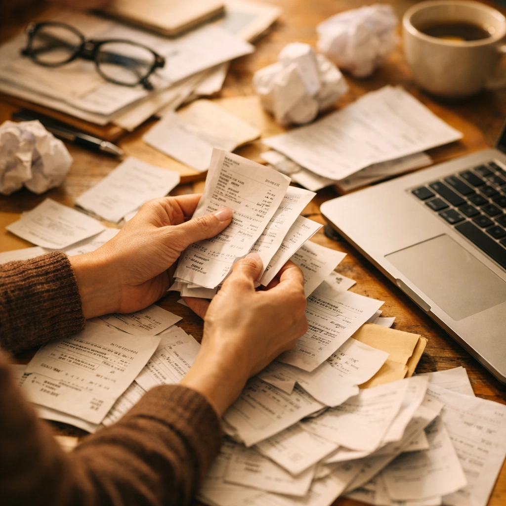 Disorganized tax receipts and financial documents scattered on desk during tax preparation