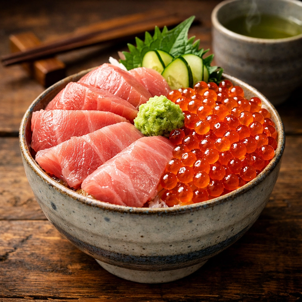 A premium kaisendon seafood rice bowl with fatty tuna and ikura from the Tsukiji market.