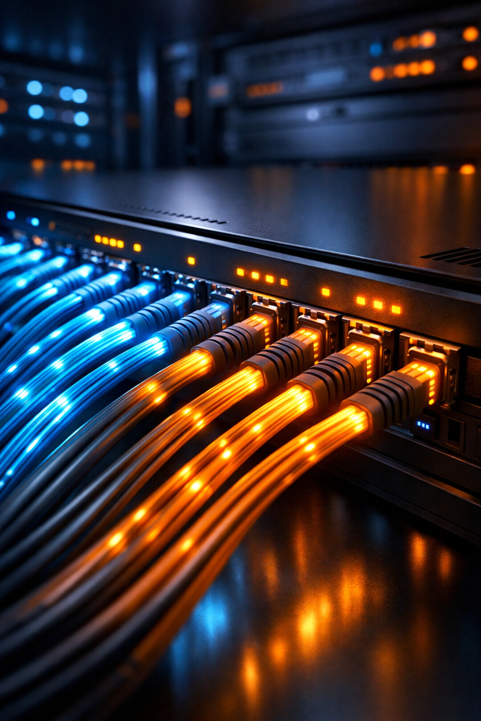 Organized fiber-optic cables connected to an enterprise router for reliable business network connectivity.