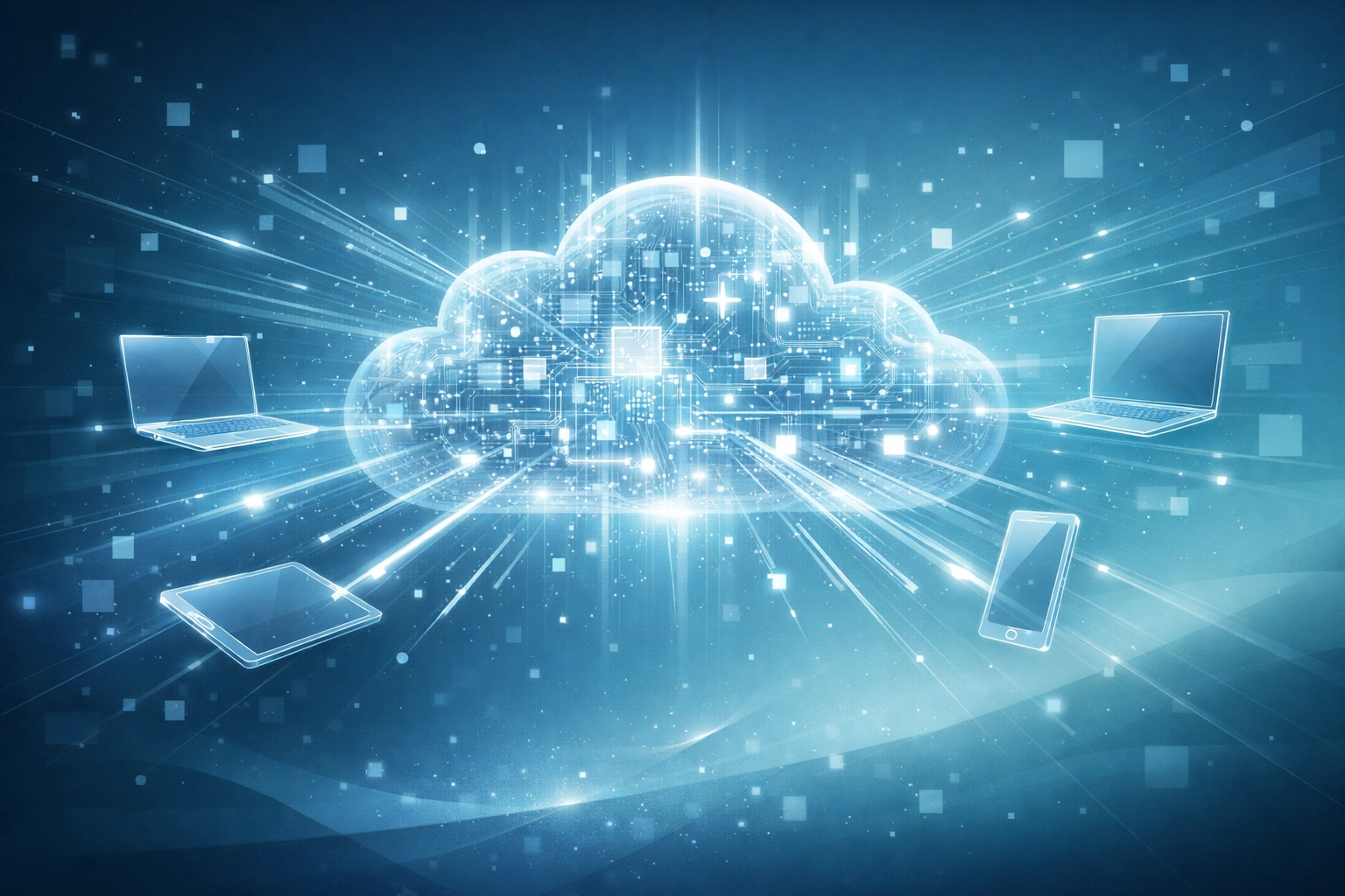 Secure cloud migration network connecting remote business devices and data nodes.