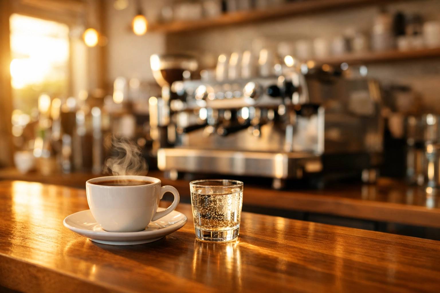 A modern coffee shop interior with a steaming cup of coffee on a sunny wooden counter.