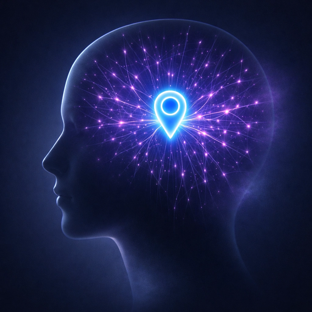 Digital visualization of search intent showing a glowing map marker within a human profile for local SEO.