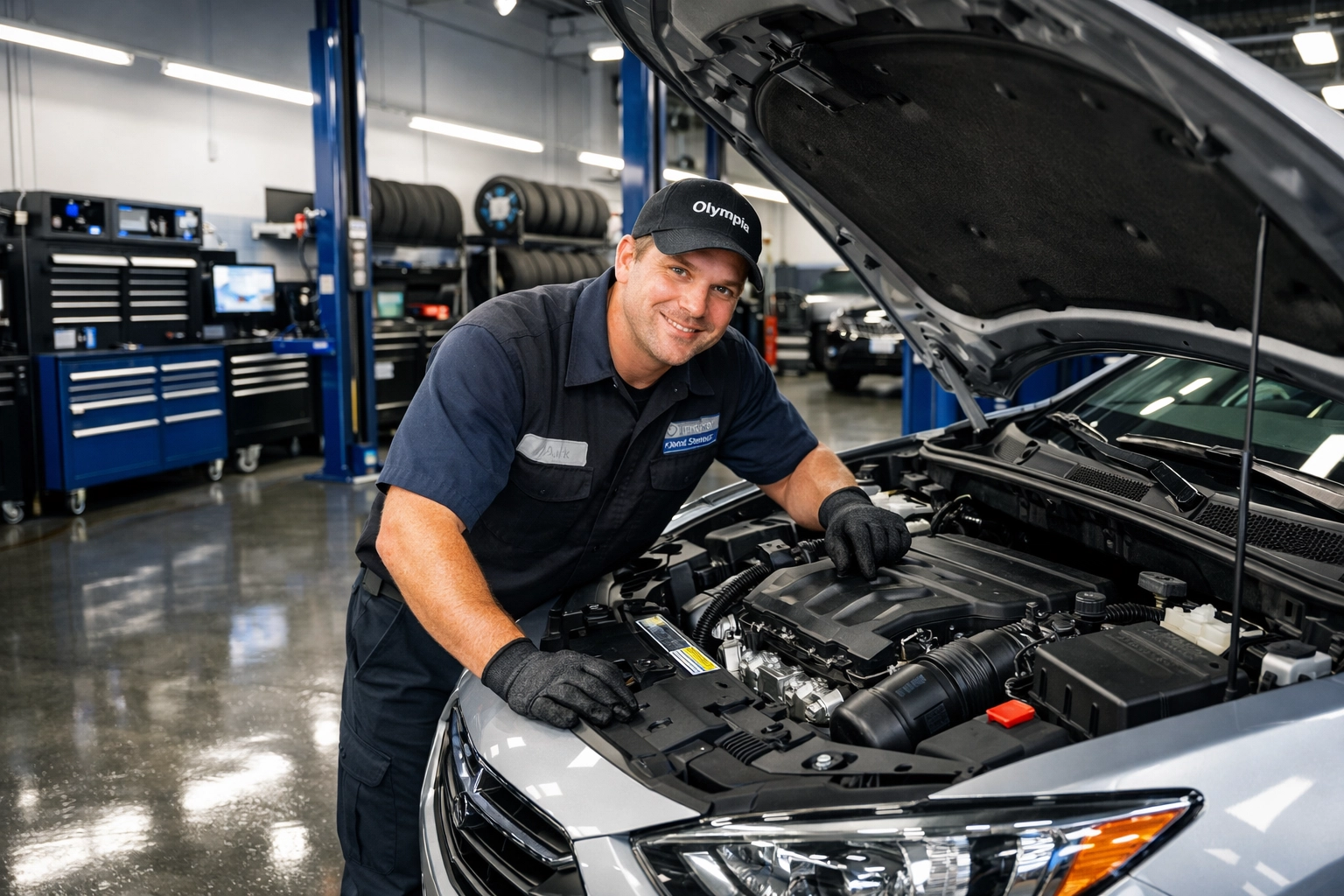 Expert auto engine repair inspection in a clean, professional service bay at Bron's Automotive in Olympia.