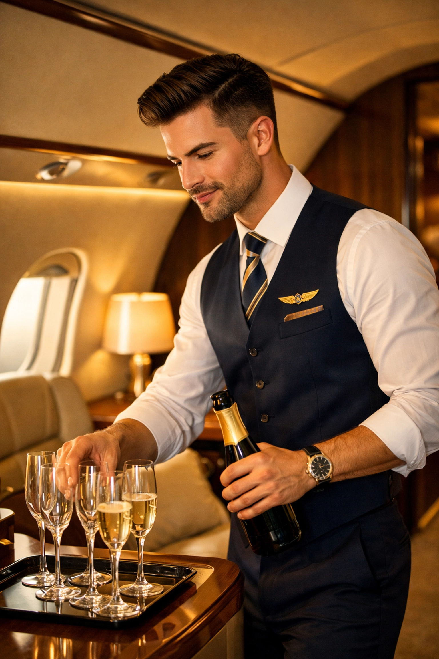 Gay flight attendant providing luxury first-class service in airplane cabin